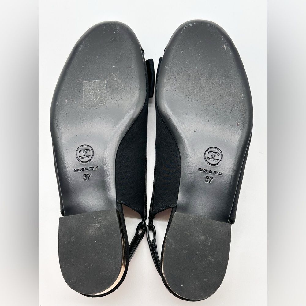 Chanel 2024 CC Logo Black Bow Grosgrain Slingback Ballerina Flats EU 37 - Picture 8 of 15